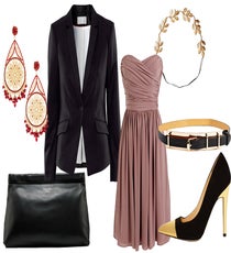 The Bridesmaid Dress — The goddess draping, the dusty jewel tones, the modest lengths — there's something about a bridesmaid dress that screams I'm part of the wedding party even long after the ceremonies are long over. To combat it, wear the dress with edgy, modern, on-trend pieces, like cap-toed, pointed pumps, a dark, smoky eye, and a structured blazer that the bride would have never let you wear on her big day.
Clockwise from top left: Jimmy Crystal Red Filigree Earring, $183, available at Max & Chloe; H&M Blazer, $49.95, available at H&M; J. Crew Arabelle Dress, $250, available at J. Crew; Eddera Greek Leaf Headband, $170, available at Boticca; Nasty Gal Gold Bar Belt, $28, available at Nasty Gal; Kate Spade Lollipop Too, $328, available at Kate Spade; Acne Olivine Nappa Black Bag, , $350, available at Acne. bridesmaidDress