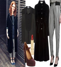 Christene Barberich, editor-in-chief
While it's easy to stray toward fancy dresses for cold-weather soirées, a pair of statement trousers is a fabulously unexpected twist (and how awesome is it that these came from Zara?). Keep your top and shoes neutral for balance, and choose a strong lip color to hold its own against the prints. Christene always brings it with the party pants.
Equipment Tuxedo Diem Black Chiffon Top, $188, available at Equipment; Barneys New York Co-Op Lacey Heels, $239, available at Barneys; Kate Spade Pucker Up Lipstick, $24, available at Nordstrom; Emanuel Ungaro Vintage Belted Coat, $589.57, available at FarFetch; Zara Printed Trousers, $49.90, available at Zara. christene