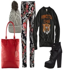 Your College Sweatshirt — If you've got a crew-neck sweatshirt (sorry, guys — we tried figuring out how to modernize a hooded sweatshirt, but we're still at a loss), wear them with thick, patterned pants, heeled boots, and a bright tote bag. It's what your college self would have worn to tailgate had she gotten over her let's-cut-up-some-T-shirts phase.
Clockwise from top left: Accessorize Chunky Fur Trim Beanie, $29, available at Accessorize; Osman Brocade Trousers, $620, available at Matches; Princeton Tigers Sweatshirt, $69, available at Tailgate; Seychelles Lace Up Boot, $160, available at American Rag; ALDO Wenger, $69.99, available at ALDO.
collegeSweatshirt