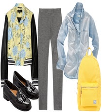 Grown-Up Schoolboy — While you might not have thought florals were your thing, they very well could be on a spiffy varsity jacket like this one. Cropped pants, slick loafers, and a backpack keep that Billy Elliot-vibe alive.Clockwise from top left:rag & bone Cambridge Jacket, $795, available at rag & bone; Joseph Queen Cotton Blend Tweed Pants, $99, available at The Outnet; Madewell Perfect Chambray in Ferrous, $69.50, available at Madewell; Herschel Supply Co. Settlement, $54.99, available at Herschel Supply Co.; Bass Washington, $84.95, available at Lori's Shoes.
tomboy-2