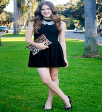 Ella, Ella Et Cetera
No wonder Teen Vogue's taken a liking to this Angeleno — she's got fierce style and a great head of hair to boot! We imagine this gal gets straight A's in her fashion-design classes, considering she's a pro at adding a bit of edge to her co-ed wardrobe. That, and she gives us sneak peeks at her school work — trust us when we say she's one smart cookie!
In Her Words: "There's nothing as versatile as a little black dress, and accessorizing an LBD is always a lot of fun because it can be transformed to fit any style or occasion. For a night out I opted for a classic look, pairing my black skater dress with timeless patent pumps and a leopard-print clutch. I added a sparkly collar necklace for a modern twist."
Topshop Dress, Juicy Couture Necklace, Kate Spade Shoes, Clare Vivier ClutchPhoto: Courtesy of Elle Et Cetera Ella-Etc