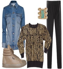 Let your sweater be the star and stand out as a statement piece, topping off an oh-so basic outfit.
Clockwise from top left: Mango Light Washed Denim Jacket, $69.99, available at Mango; Pamela Love Cutout Gold Turquoise Cuff, $560, available at Net-A-Porter; rag & bone Renard Legging, $395, available at La Garconne; Karen Scott Patterned Pullover, $60, available at R29 Shops; Sisii Athletic High Top Sneakers, $209, available at Totokaelo.
slide_3
