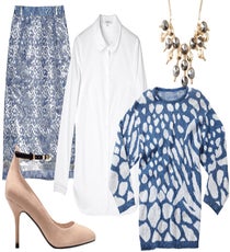 So, you want to wear your ugly sweater to work? It's totally possible to pull it off without looking like you just ran in from your family's annual holiday photo shoot — promise! Keep things classic (and classy) with a white blouse and similarly colored pencil skirt.Clockwise from top left: Preen Eva Metallic Cotton Blend and Lace Skirt, $1,030, available at Net-A-Porter; Carven Peter Pan Cotton Shirt, $247.50, available at MyWardrobe; Lori's Shoes Circle and Spike Statement Necklace, $34.95, available at Lori's Shoes; Beldock Popper Pullover, $60, available at R29 Shops; Zara Mid Heel with Ankle Strap, $89.90, available at Zara.
slide_1