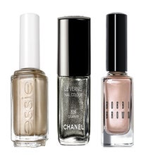 Metallic Nails
Now, on the flip side, consider the metallic nail your lazy-girl summer accessory. "They go with everything and always catch your eye," Cherman says. A fun twist on neutral, a metallic gunmetal or shiny rose gold will look super cool at the beach or a night on the town. Don’t get bogged down being matchy-matchy with your nails and jewelry picks — just go with it.
Essie 'Mirror Metallics' Polish in Good as Gold, $8, available at Nordstrom;
Chanel Nail Vernis Nail Colour in Graphite, $27, available at Nordstrom;
Bobbi Brown Shimmer Nail Polish in Pink Pearl, $18, available at Macy's.
metallic_Nails