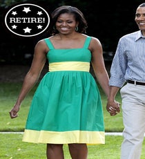 The color-blocking trend has had an extended moment, and Michelle Obama made the most of it in warmer months. With fall trends pointing toward sophisticated silhouettes and luxe fabrics, we'd like to see her put a more grown-up spin on the look.
Photo: RexUSA 01_retire_colorblocking