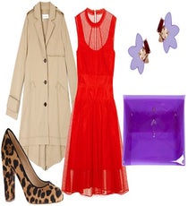 Classic Cocktail — Equal parts pretty and party girl, this combo is all about balance: a red-hot dress with a feminine silhouette and pretty sheer details, a classic pump with a racy leopard print, and pretty, floral jewels in an unexpected color. Play both sides!
Clockwise from bottom left: J.Crew Shoes, $350, available at J.Crew; 10 Crosby Derek Lam Trench, $595, available at Barneys; Carven Dress, $693, available at my-wardrobe.com; Wanderluster Earrings, $68, available at R29 Shops; Factory 202 Clutch, $65, available at Opening Ceremony.
rUGSdajmfOReWVzyXe7cga8sTfvJnKqt9lcZWtVVTvs
