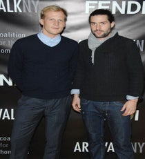 The Fat Radish's Benjamin Towill and Phil Winser show off their always dapper style against the Fendi/Artwalk step-and-repeat.
Photo: Neil Rasmus/BFAnyc.com aw3